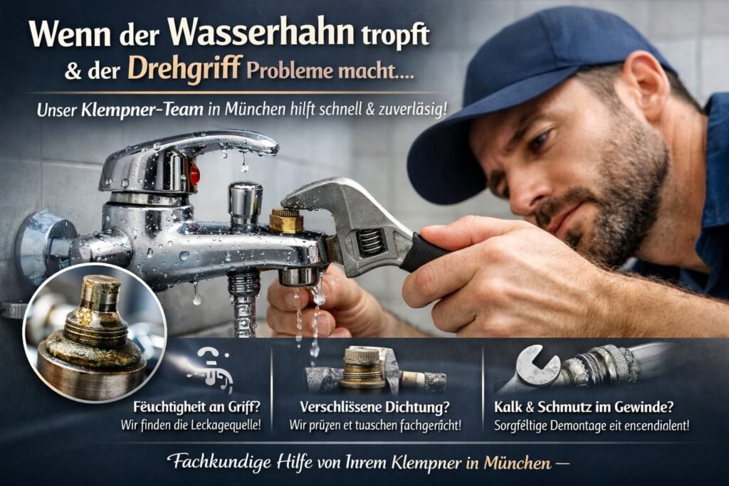 Klempner in München repariert einen tropfenden Wasserhahn am Drehgriff