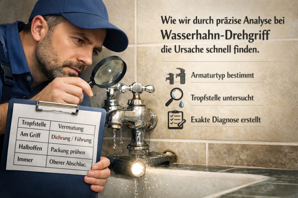 Installateur analysiert tropfenden Wasserhahn mit Drehgriff, um die Ursache präzise zu diagnostizieren.
