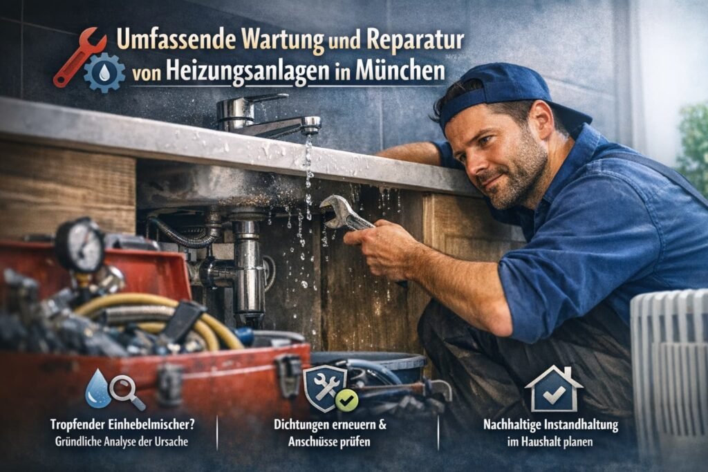 Klempner in München repariert tropfenden Einhebelmischer und führt Wartung an Heizungsanlagen durch