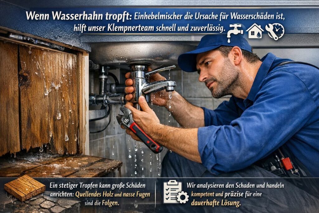 Klempner repariert tropfenden Einhebelmischer unter der Spüle, um Wasserschäden in der Küche zu verhindern.