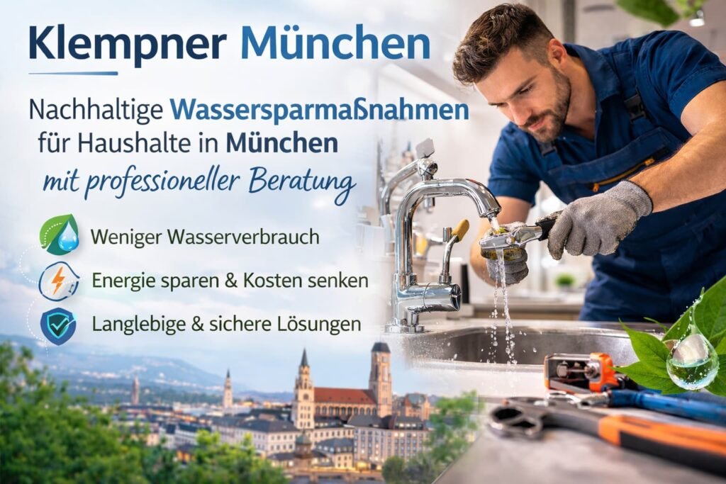 Klempner München repariert tropfenden Wasserhahn und bietet nachhaltige Wassersparlösungen für Haushalte.