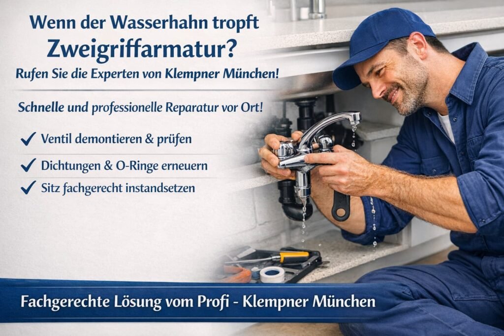 Klempner München repariert tropfenden Zweigriff-Wasserhahn – professionelle Sanitärreparatur vor Ort