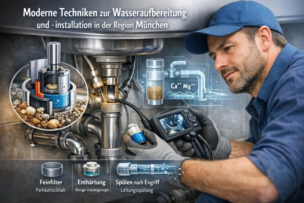 „Klempner in München repariert eine Armatur und überprüft Wasserfilter und Enthärtungssystem zur Verbesserung der Wasserqualität.“