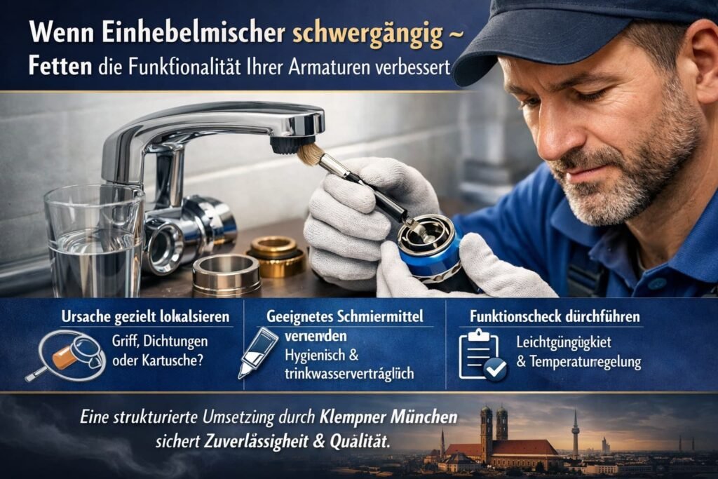 Klempner repariert schwergängigen Einhebelmischer und schmiert die Armatur für bessere Funktion.