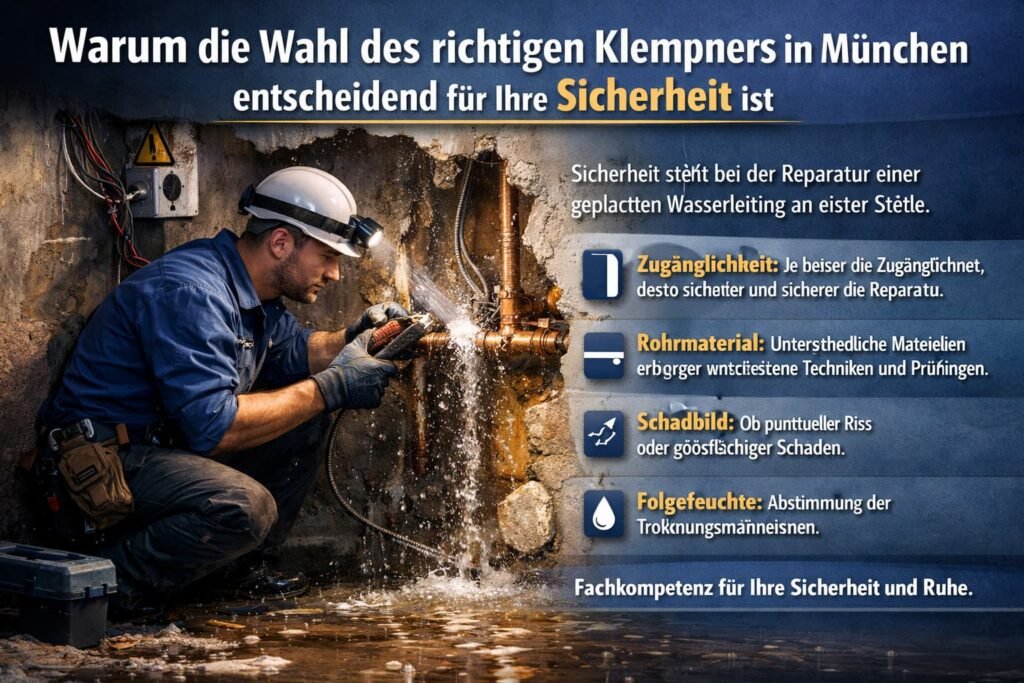 Klempner in München repariert eine geplatzte Wasserleitung und behebt einen Wasserschaden professionell.