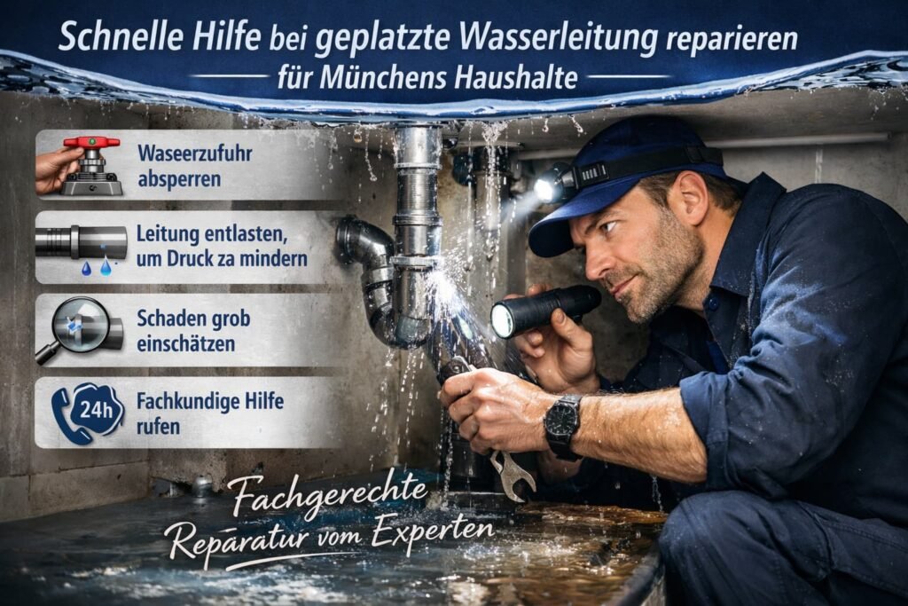 Sanitär Notdienst München repariert eine geplatzte Wasserleitung unter der Spüle – schneller Klempner Service für Haushalte.