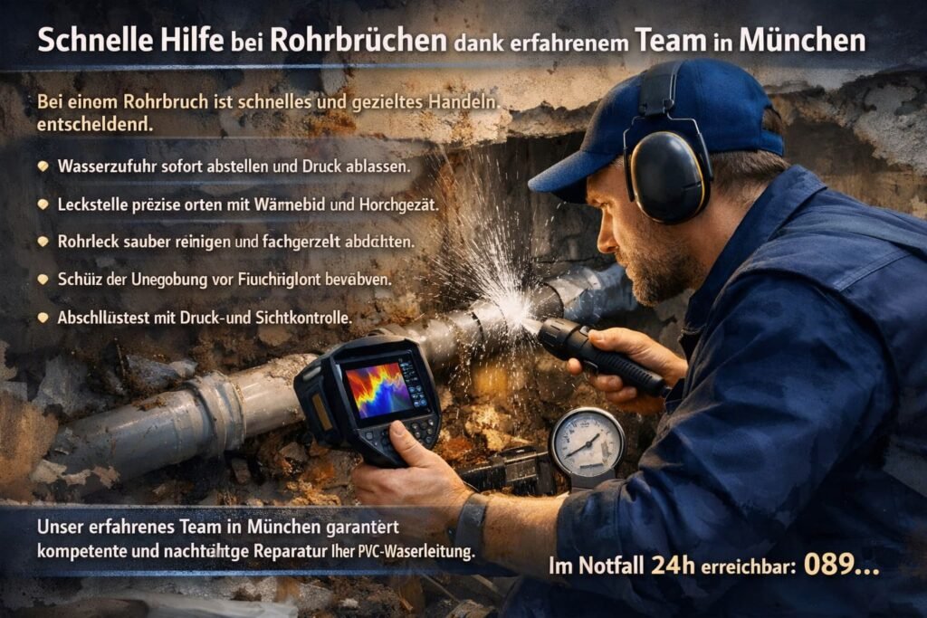 Installateur repariert Rohrbruch an PVC-Wasserleitung mit Spezialgerät – schneller Notdienst in München.