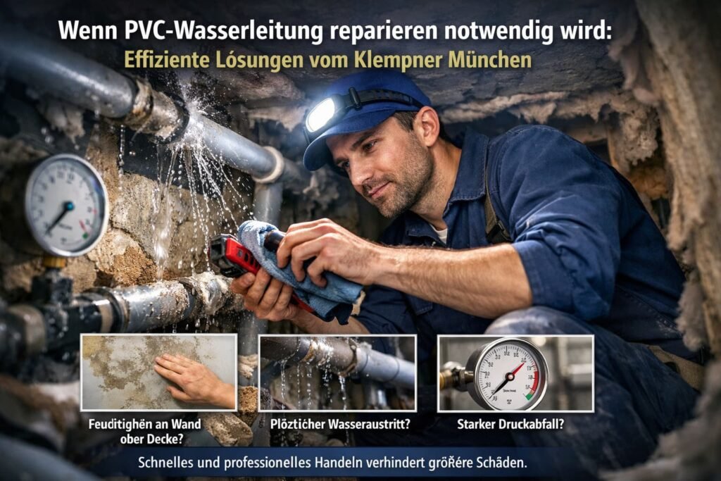 Klempner München repariert PVC-Wasserleitung und stoppt Wasserleck an Kunststoffrohr im Haus