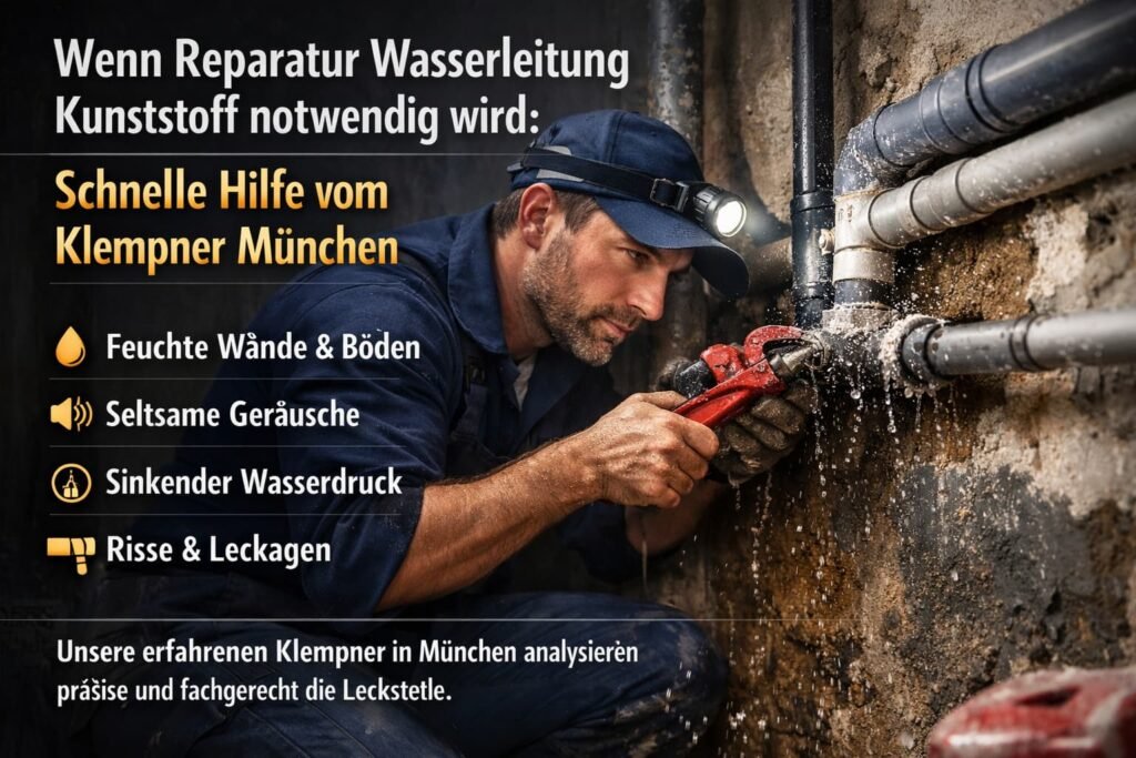 Klempner in München repariert eine beschädigte Kunststoff-Wasserleitung und behebt ein Leck in der Hausinstallation.