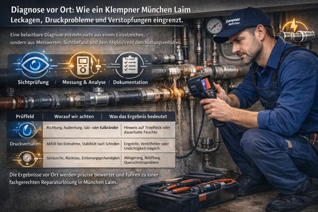 Plumber inspecting pipes with flashlight, service icons below, KLEMPNER MÜNCHEN LAIM