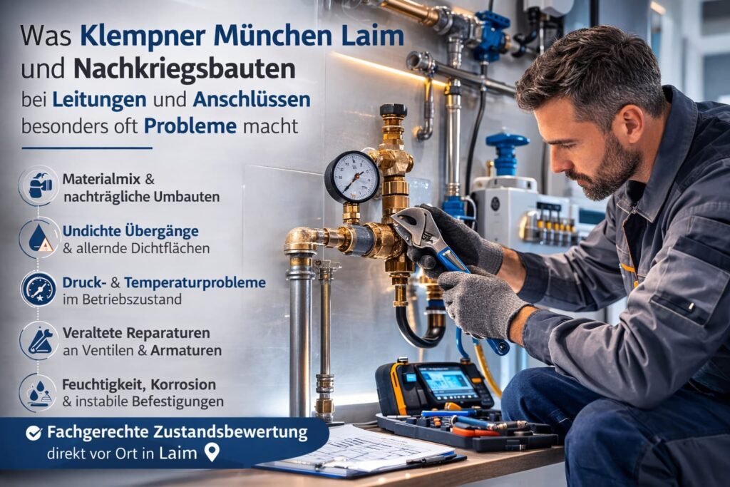 Klempner München Laim repariert Wasserleitung und Anschlüsse in einem Gebäude.