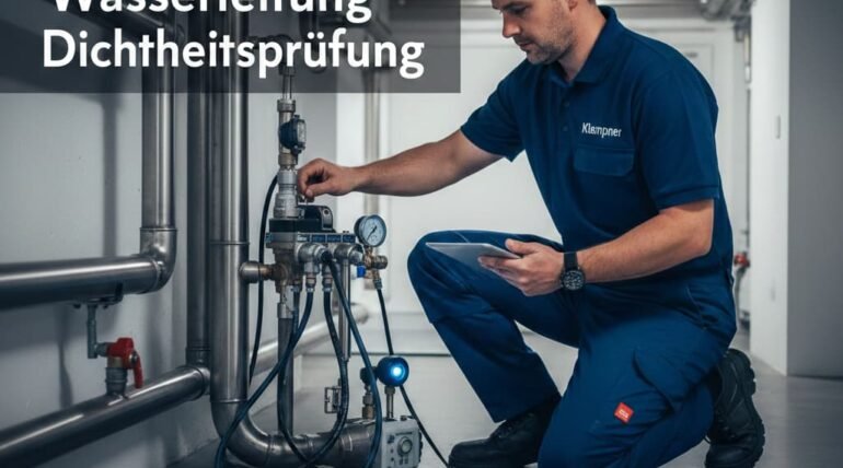 Installateur prüft Wasserleck mit Feuchtigkeitsdetektor, zeigt Lecksuche und Rohrreparatur