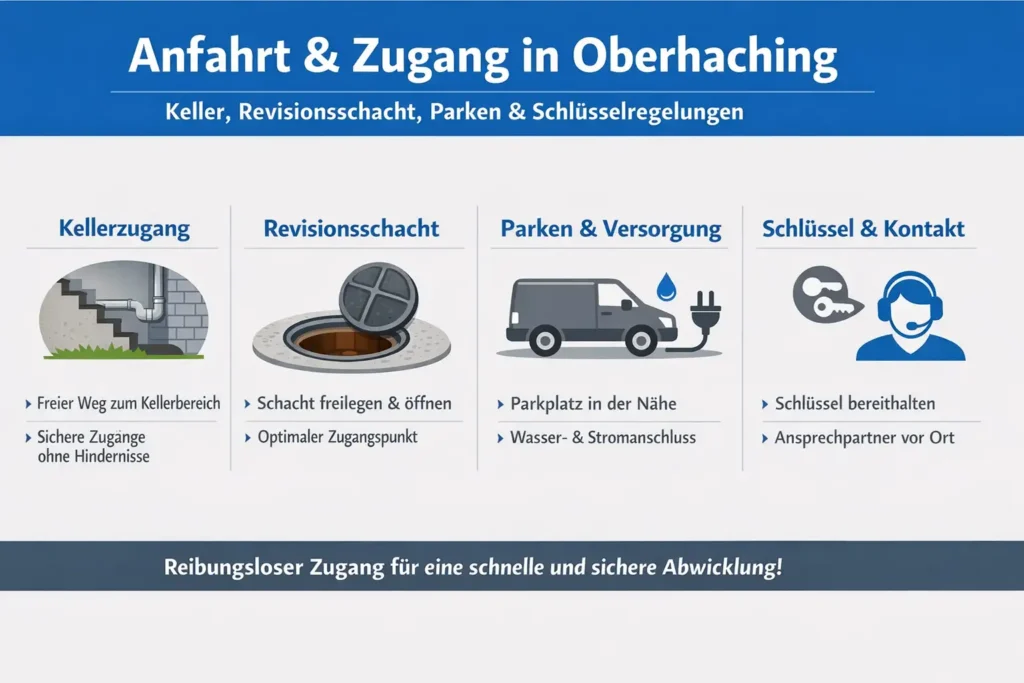 Anfahrt und Zugang in Oberhaching: Keller, Revisionsschacht, Parken und Schlüsselregelungen