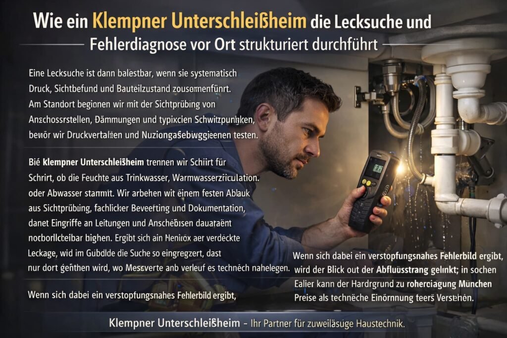 Klempner prüft unter dem Waschbecken eine Leckage mit Messgerät.