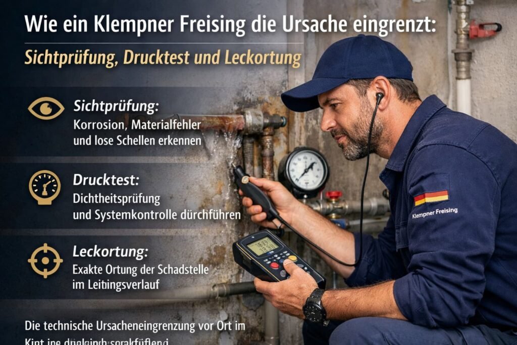 Klempner Freising bei der Sichtprüfung, Drucktest und Leckortung an einer Wasserleitung im Technikraum.