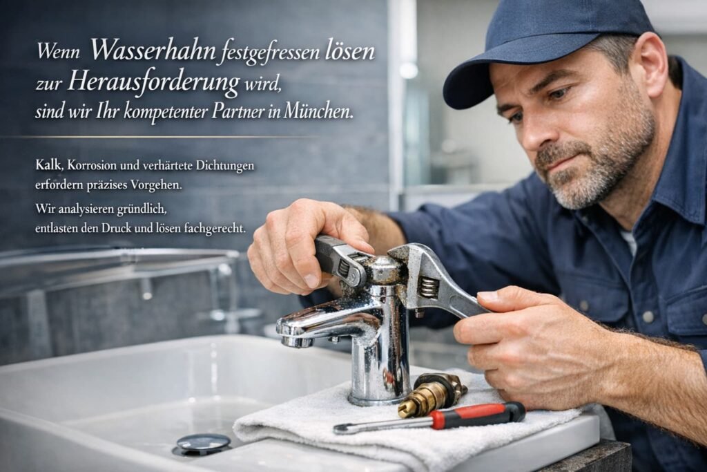 Klempner in München löst fachgerecht einen festgefressenen Wasserhahn mit Werkzeug im modernen Badezimmer.