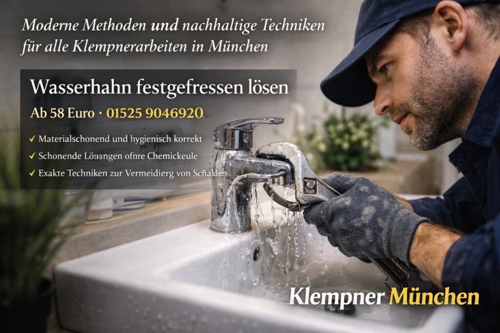 Klempner in München löst fachgerecht einen festgefressenen Wasserhahn und prüft Dichtungen.