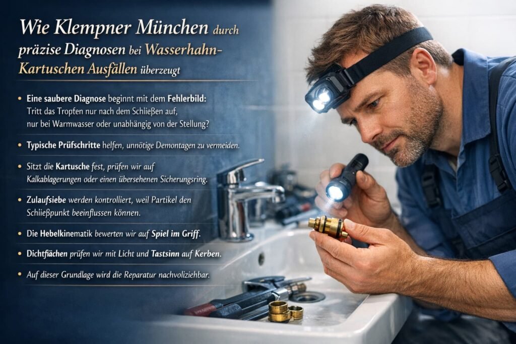 Klempner in München prüft eine Wasserhahn-Kartusche am Waschbecken.