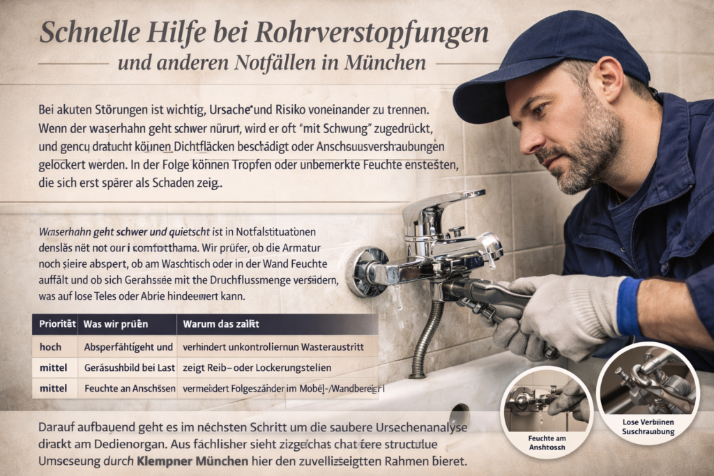 Klempner München bei Reparatur eines defekten Wasserhahns im Notdienst.