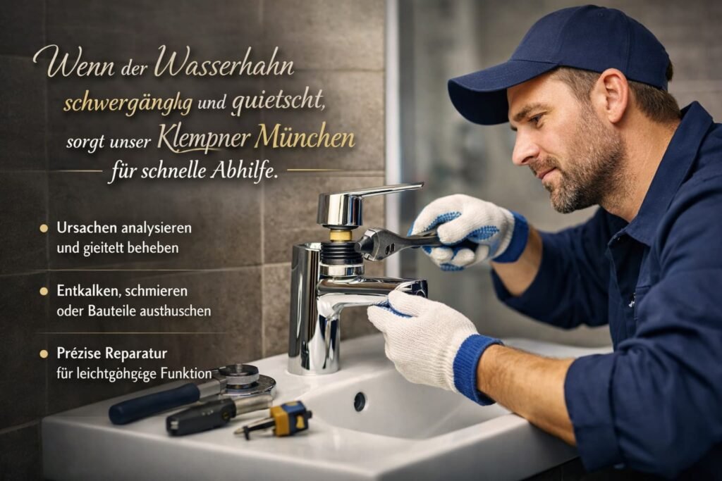 Klempner München repariert einen schwergängigen, quietschenden Wasserhahn im Bad.