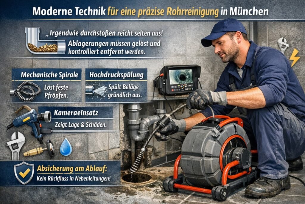 Moderner Rohrreiniger in München bei der Arbeit mit Kamera und Spirale zur effektiven Abflussreinigung