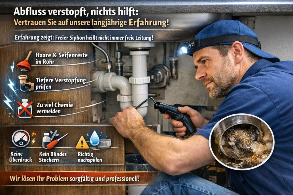 Klempner behebt verstopften Abfluss professionell unter der Spüle