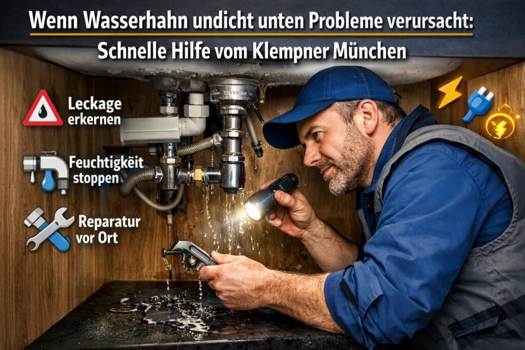 Klempner repariert undichten Wasserhahn unter der Spüle – schnelle Hilfe bei Feuchtigkeit und Leckage in München