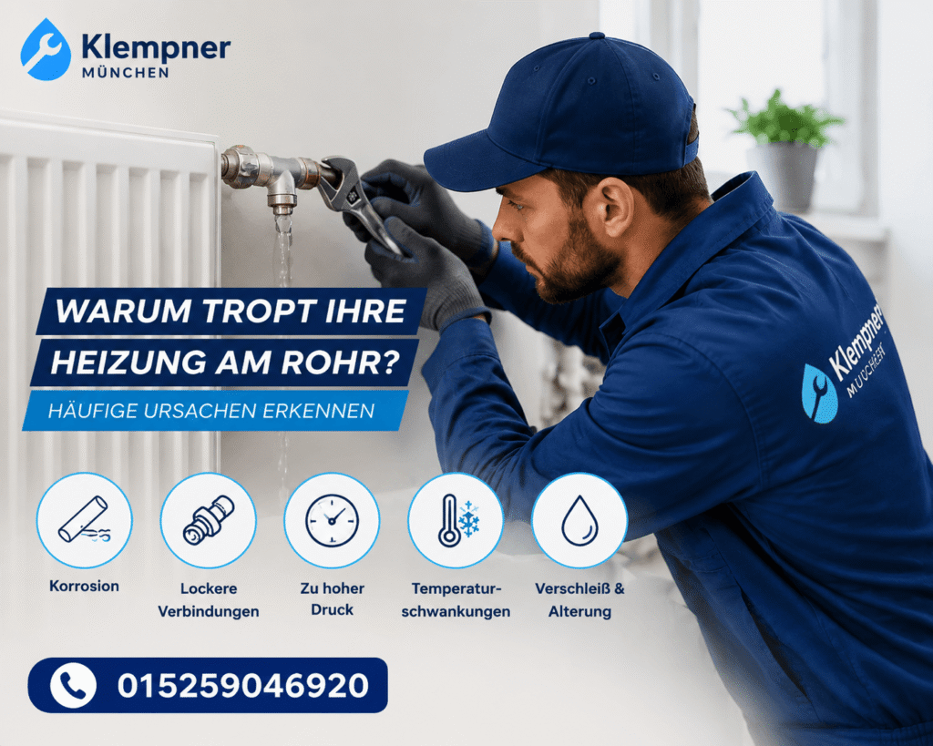 Fachmann bei der Reparatur einer undichten Heizungsanlage mit Ursachenübersicht