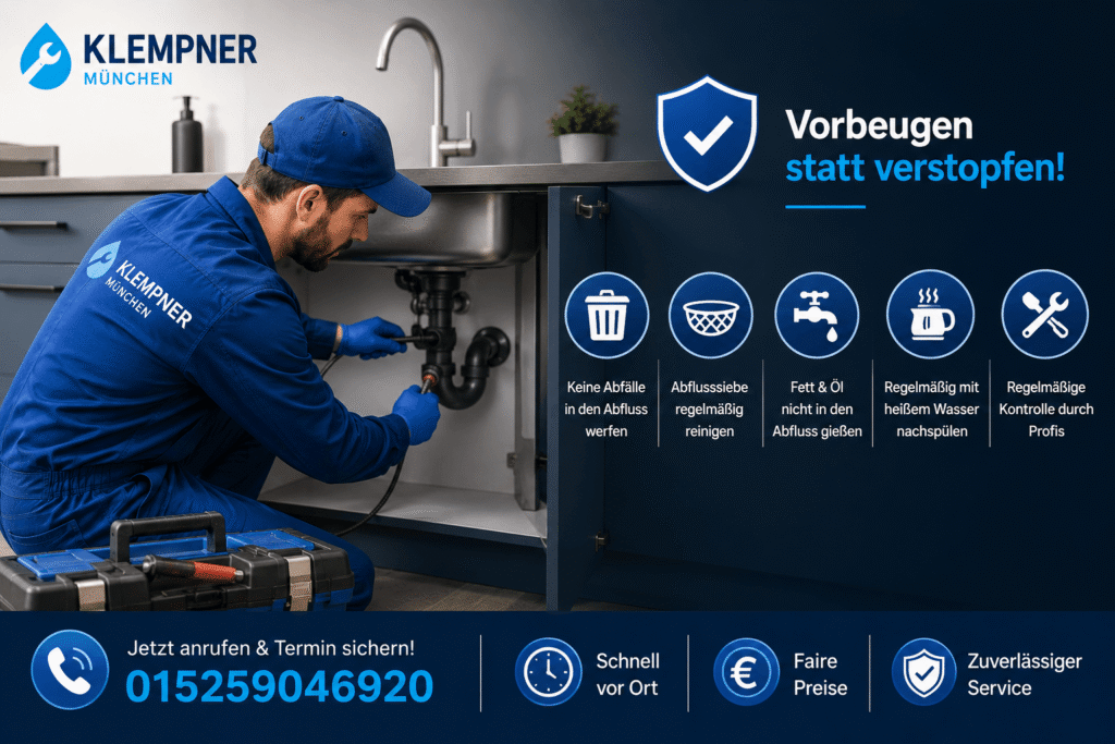 Installateur bei der Wartung eines Abflussrohrs mit Präventionstipps