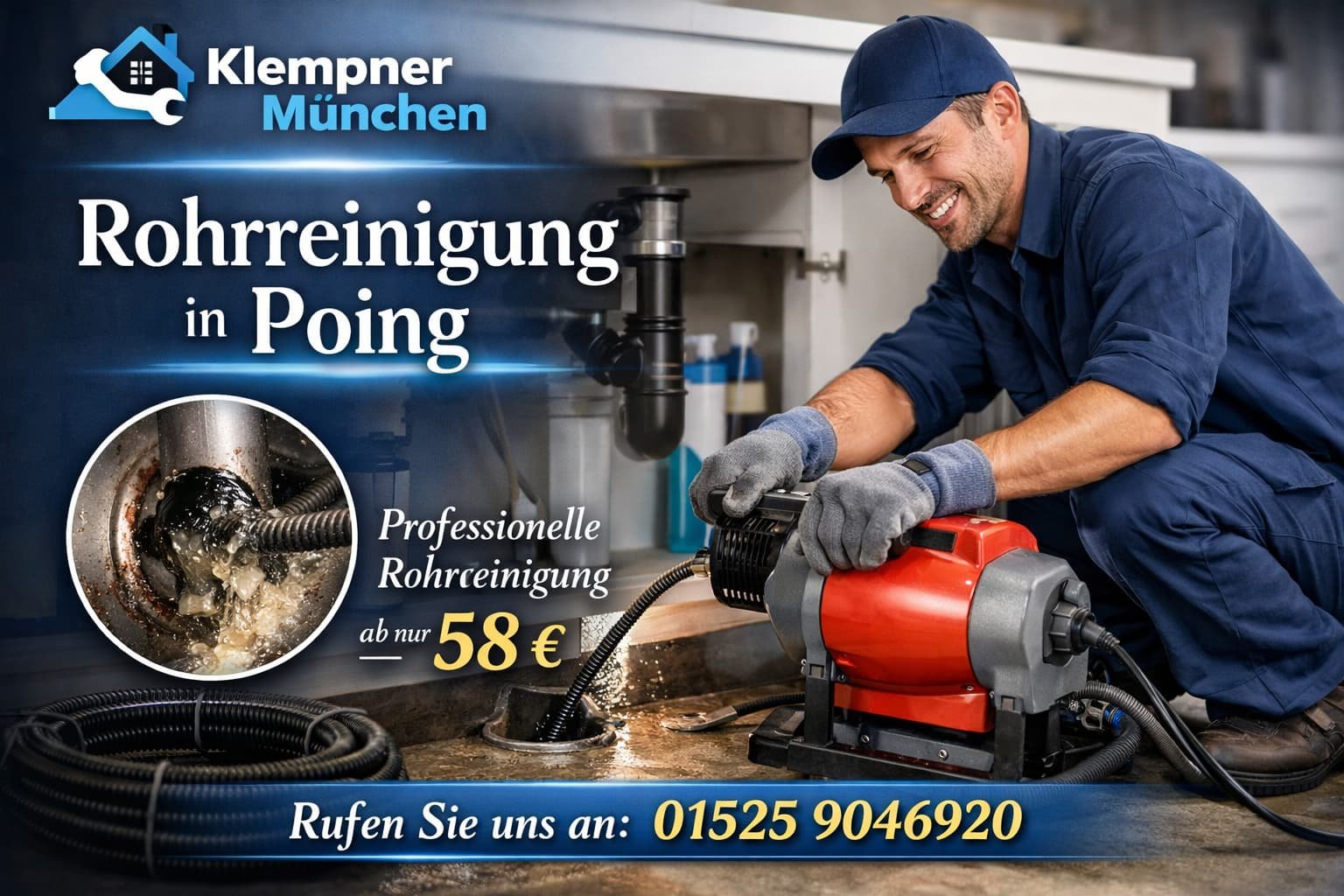 Klempner München Rohrreinigung Poing – Fachmann reinigt verstopftes Rohr ab 58€