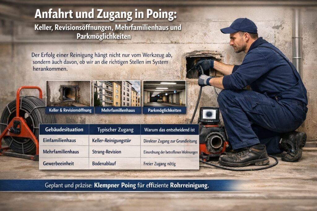 Rohrreiniger in Poing bei der Arbeit im Keller mit Kamera zur professionellen Rohrreinigung und Zugang über Revisionsöffnung