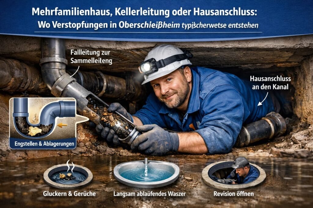 Rohrreiniger behebt Verstopfung in Kellerleitung eines Mehrfamilienhauses in Oberschleißheim
