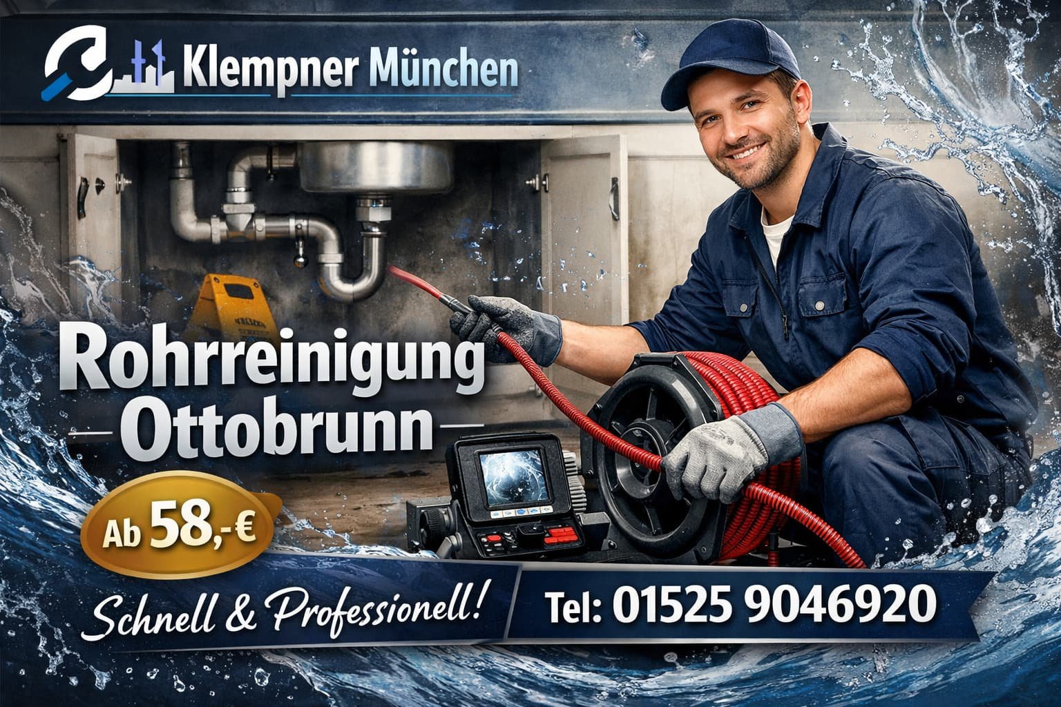 Klempner München Rohrreinigung Ottobrunn – professioneller Klempner reinigt verstopftes Rohr ab 58€