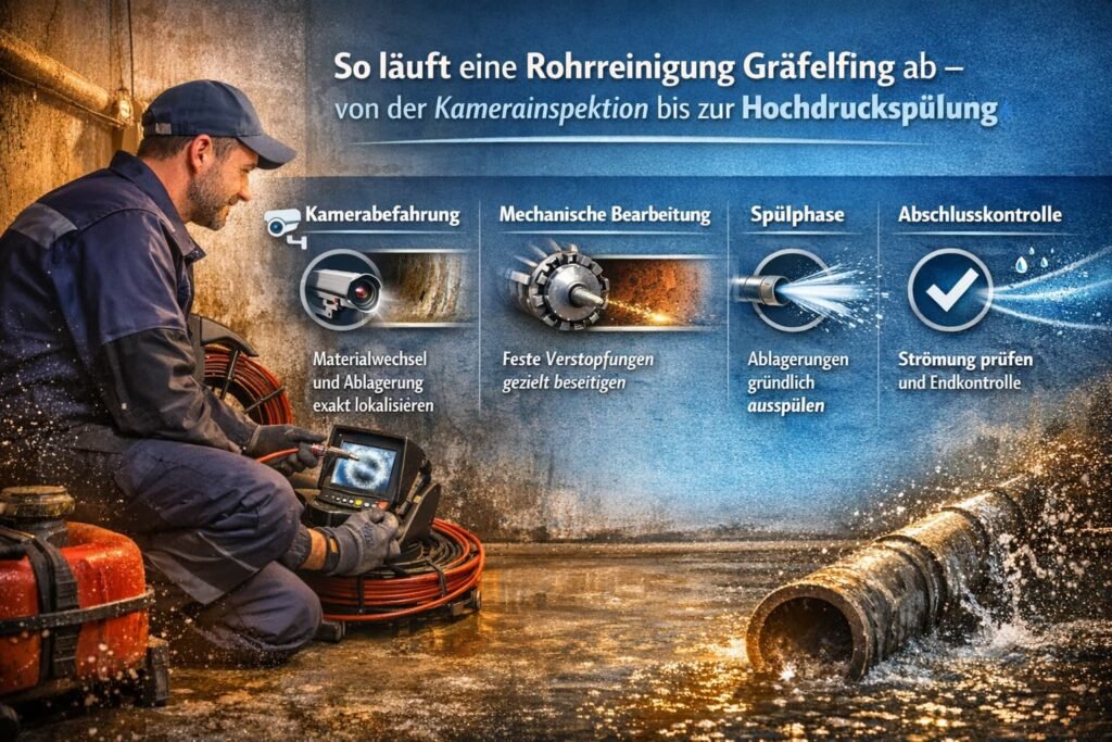 Bild eines deutschen Klempners bei der Rohrreinigung in Gräfelfing mit Kamerainspektion und Hochdruckspülung, inklusive professioneller Ablaufdarstellung