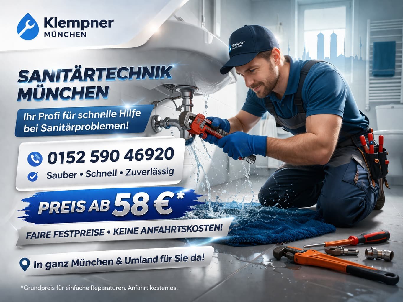 Klempner München Sanitärtechnik – Profi behebt Rohrleck schnell und zuverlässig ab 58€ in München