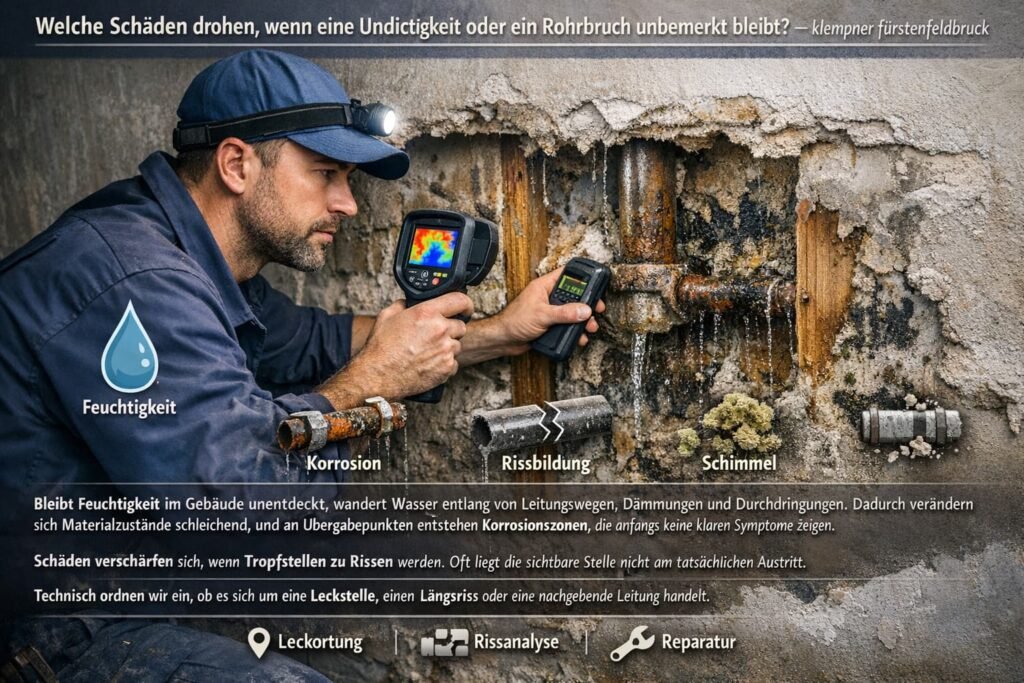 Klempner prüft undichte Rohrleitung in der Wand.