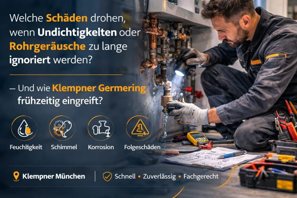 Sanitärinstallateur repariert ein undichtes Rohr – Risiken durch Feuchtigkeit, Schimmel und Korrosion.