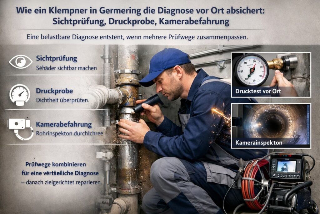 Elektriker bei der Diagnose einer elektrischen Anlage vor Ort mit Sichtprüfung und Messgeräten.
