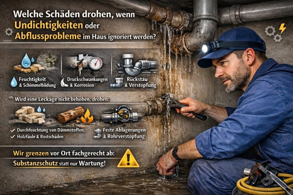 Installateur repariert ein undichtes Rohr und erklärt Risiken von Feuchtigkeit und Abflussproblemen im Haus.