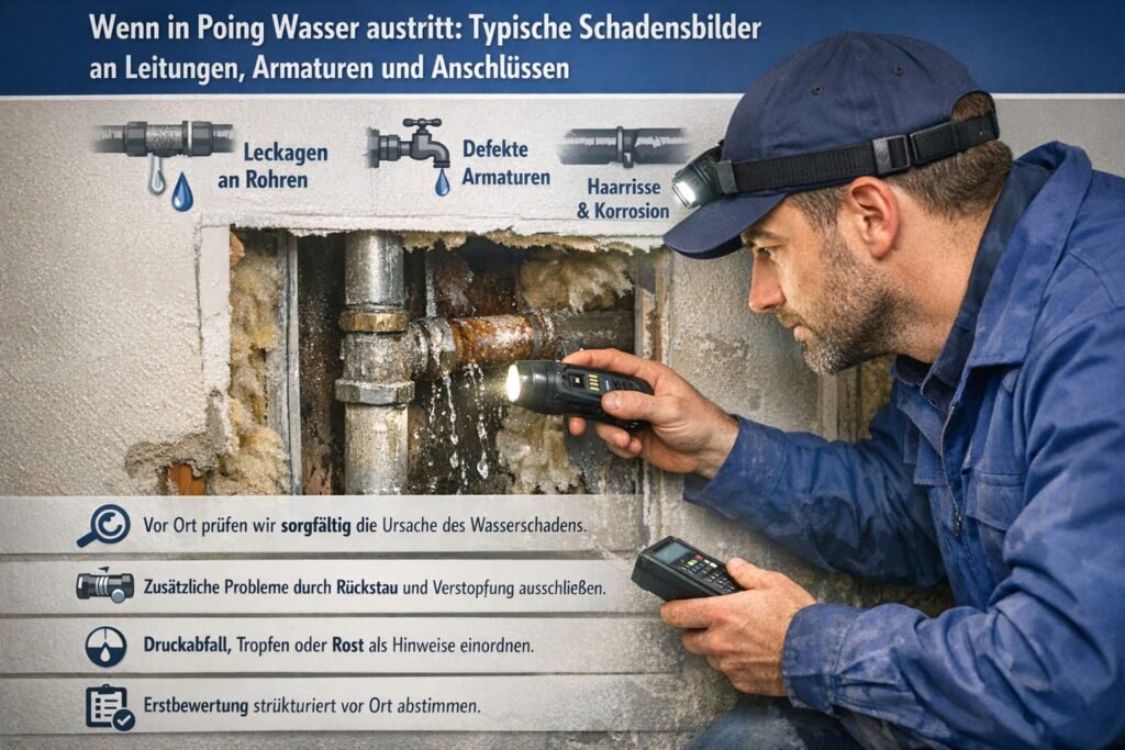 Installateur prüft undichte Leitung mit sichtbarem Wasseraustritt.