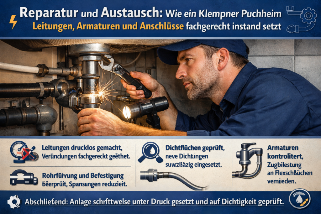 Klempner in Puchheim repariert Wasserleitungen und Armaturen unter einem Waschbecken.