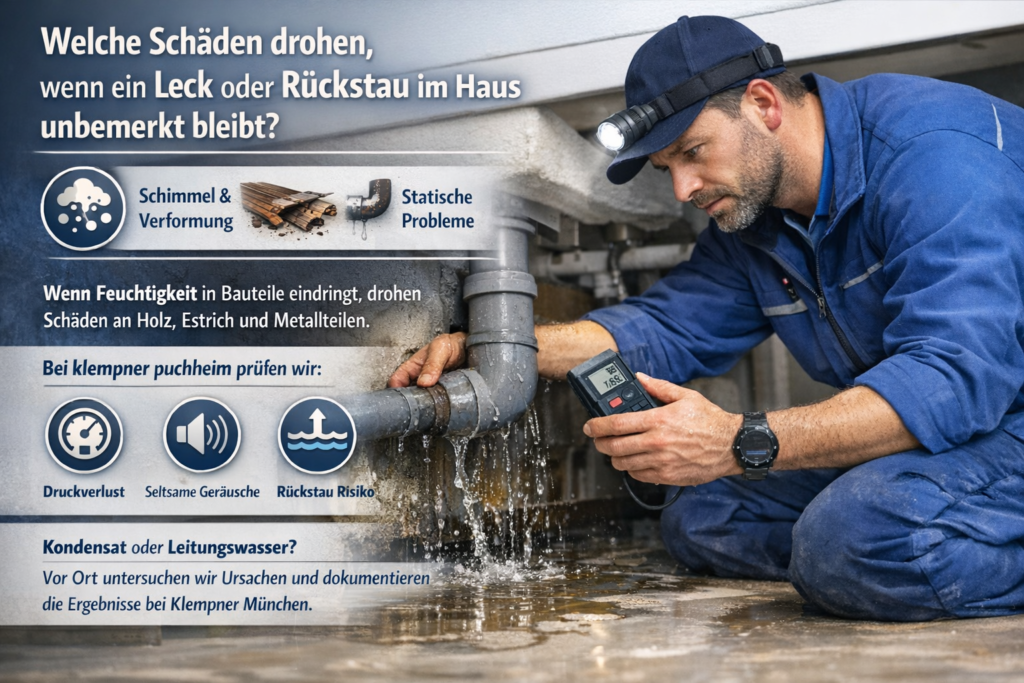 Klempner prüft Wasserleck unter der Badewanne mit Messgerät.