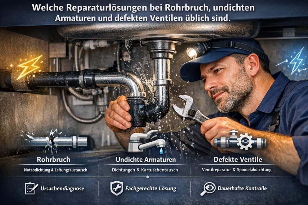 Klempner repariert ein undichtes Rohr unter der Spüle und zeigt typische Reparaturlösungen bei Rohrbruch.