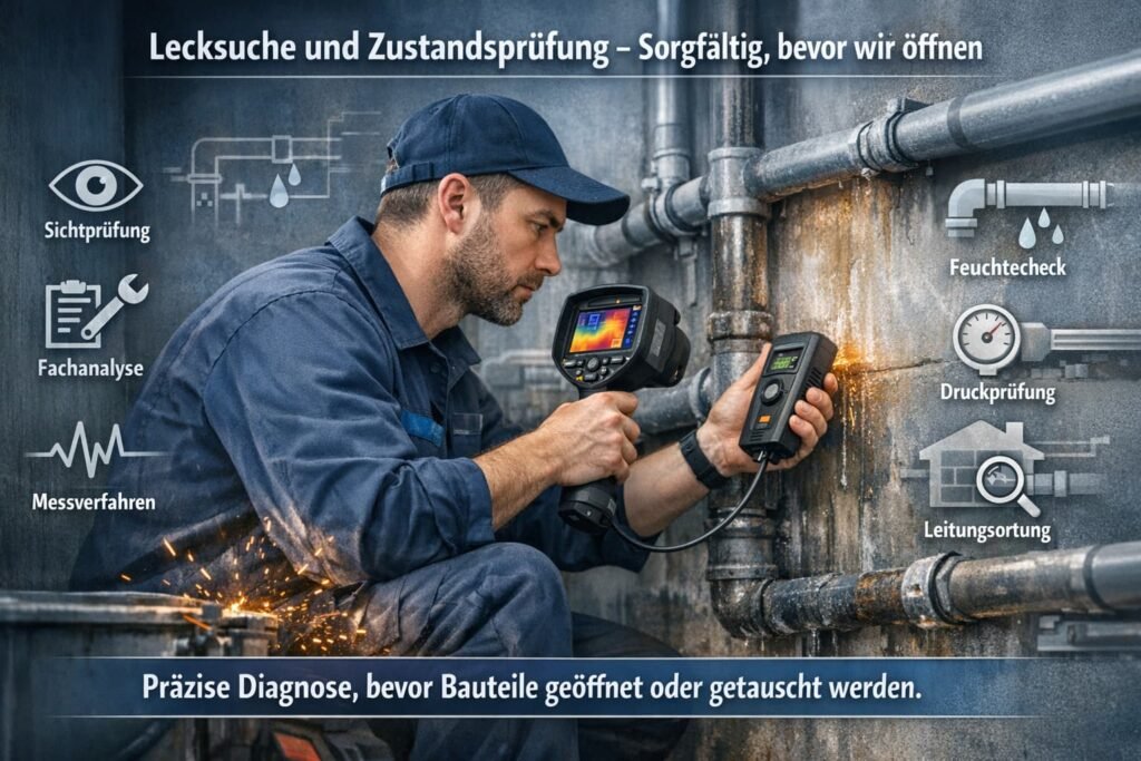Lecksuche und Zustandsprüfung an Rohrleitungen durch einen Fachhandwerker.