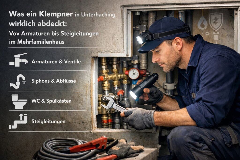 Klempner in Unterhaching repariert Sanitärleitungen und Armaturen im Mehrfamilienhaus.