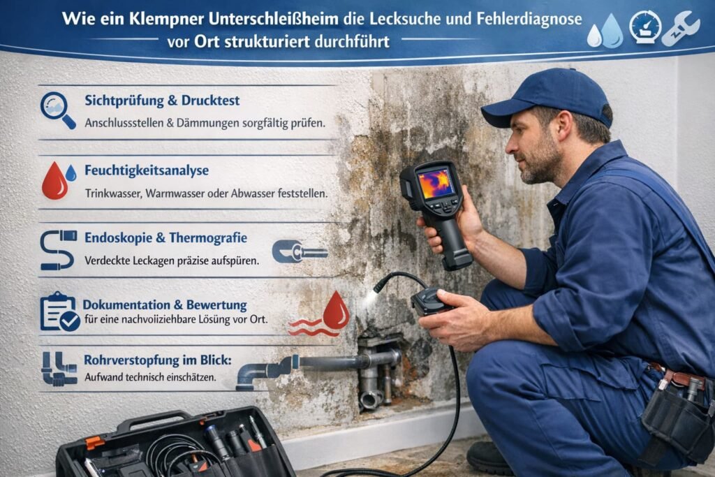 Klempner prüft unter dem Waschbecken eine Leckage mit Messgerät.