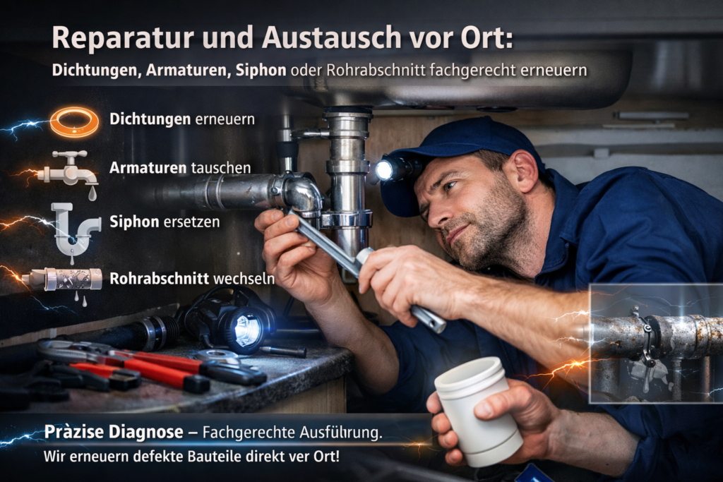 Installateur prüft Wasserleck mit Feuchtigkeitsdetektor, zeigt Lecksuche und Rohrreparatur