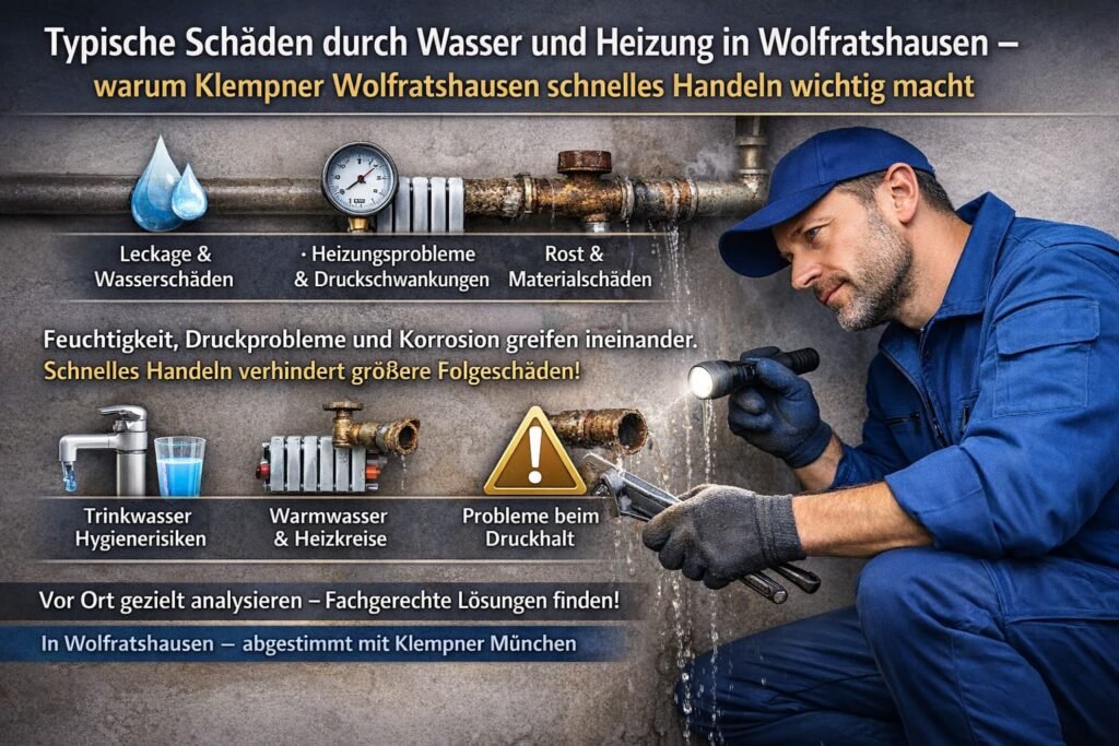 Klempner in Wolfratshausen behebt ein Leck mit sichtbaren Wasserschäden.