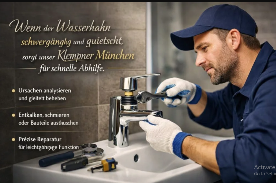 Klempner München bei Reparatur eines defekten Wasserhahns im Notdienst.