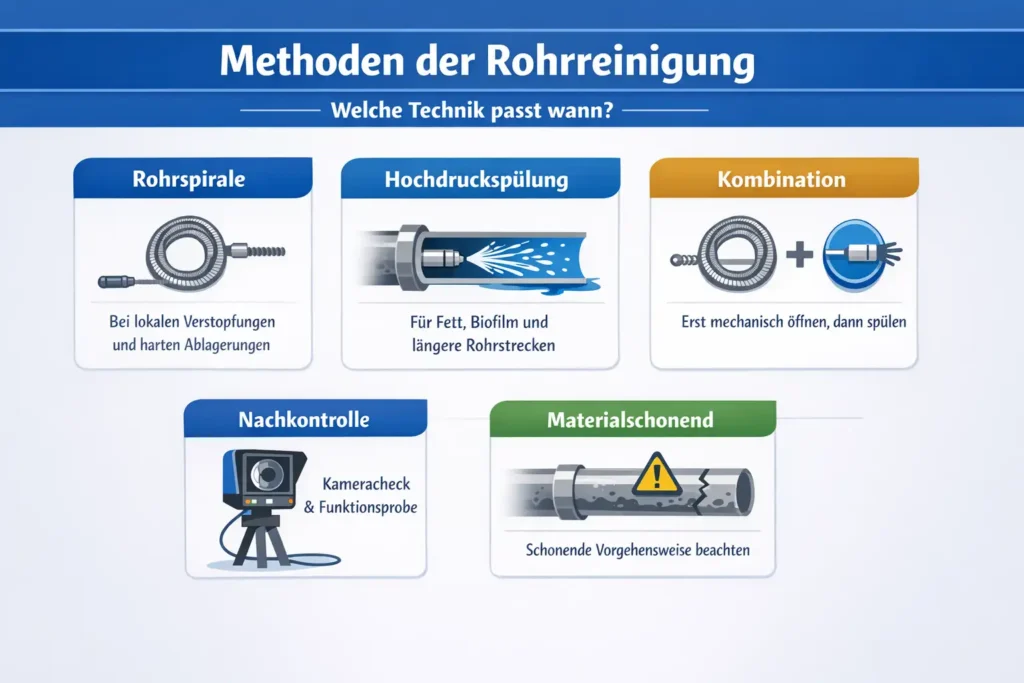 Welche Verfahren bei der rohrreinigung eingesetzt werden und wann Hochdruck oder Spirale passt